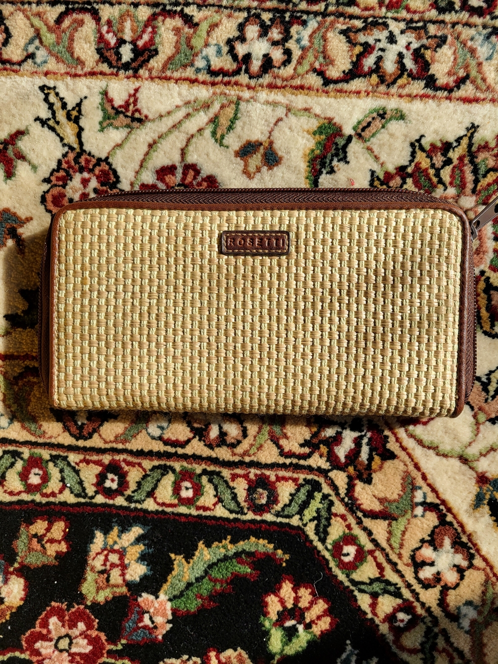 Rosetti Natural Woven Zip Wallet with Brown Trim